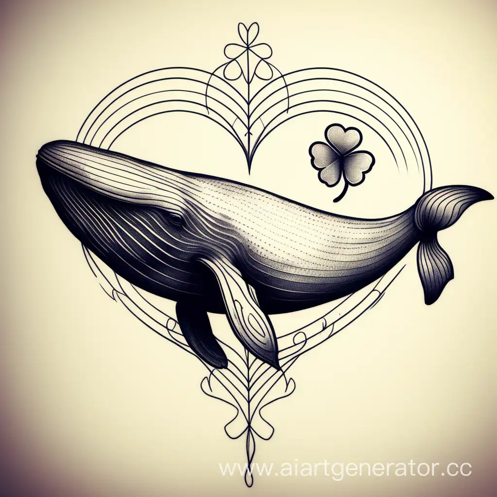 эскиз однотонной татуировки кит у которого в сердце четырехлистный клевер