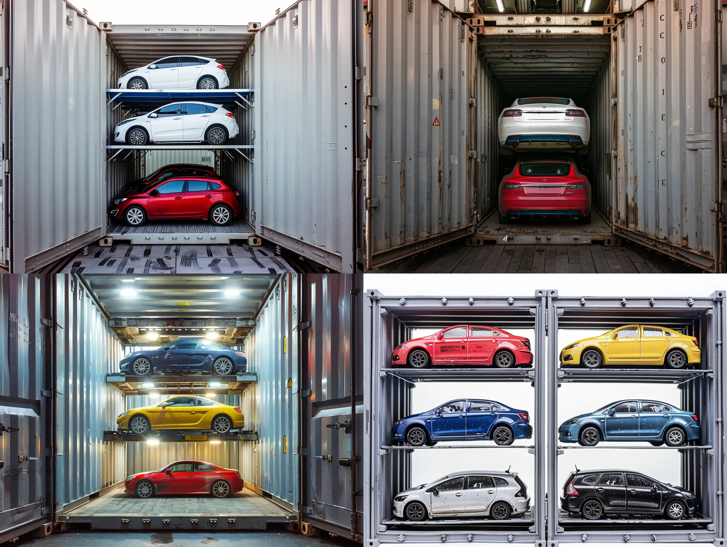 4 CARS LODED IN ONE CONTAINER EACH TWO ABOVE EACH OTHER 
