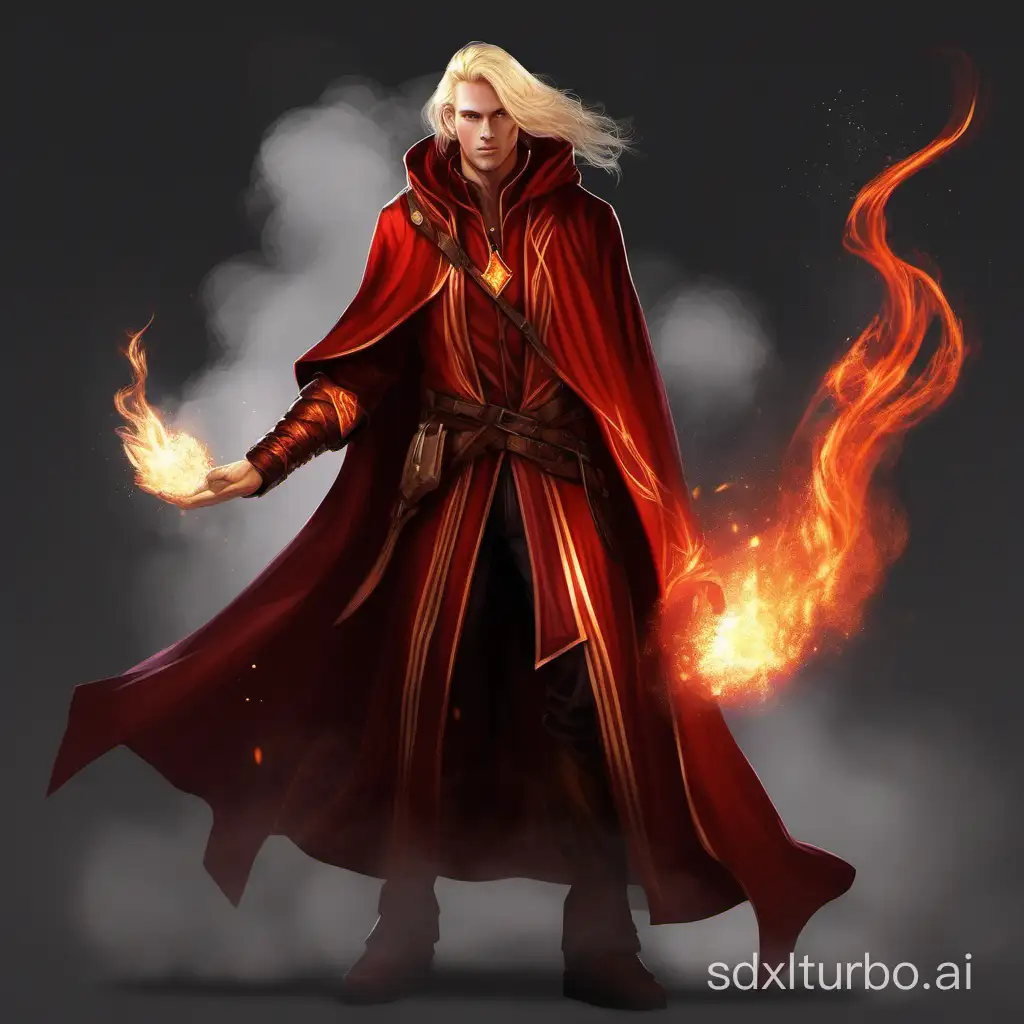 Male human fire wizard, blonde, red cloak, fantasy art, concept art