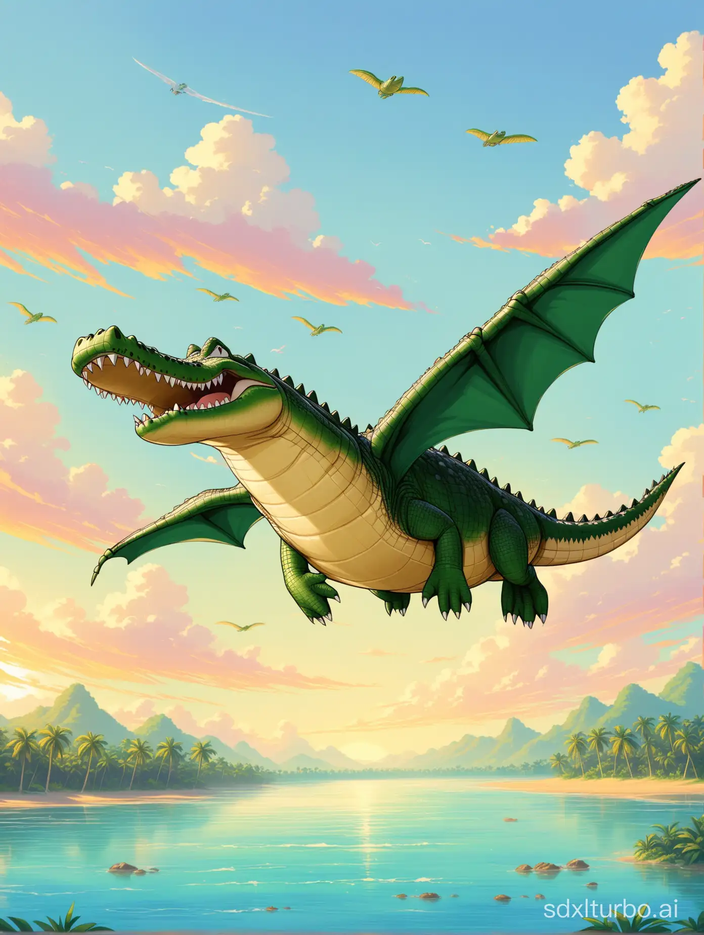 Majestic-Flying-Crocodile-Soaring-Across-Lush-Tropical-Landscape