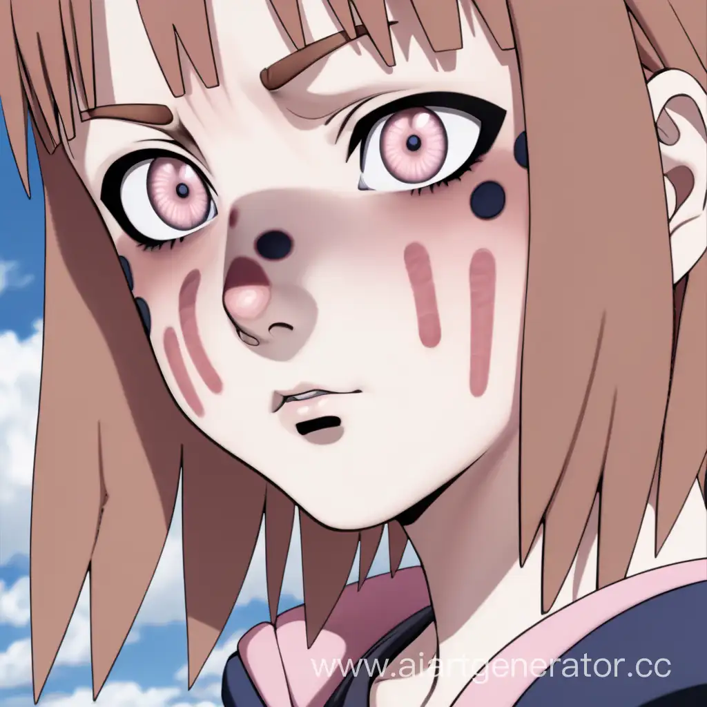 a character in Naruto's drawing: a girl with fair skin and a birthmark on her face on half of her left cheek, with pale pink eyes and short brown hair, an adult