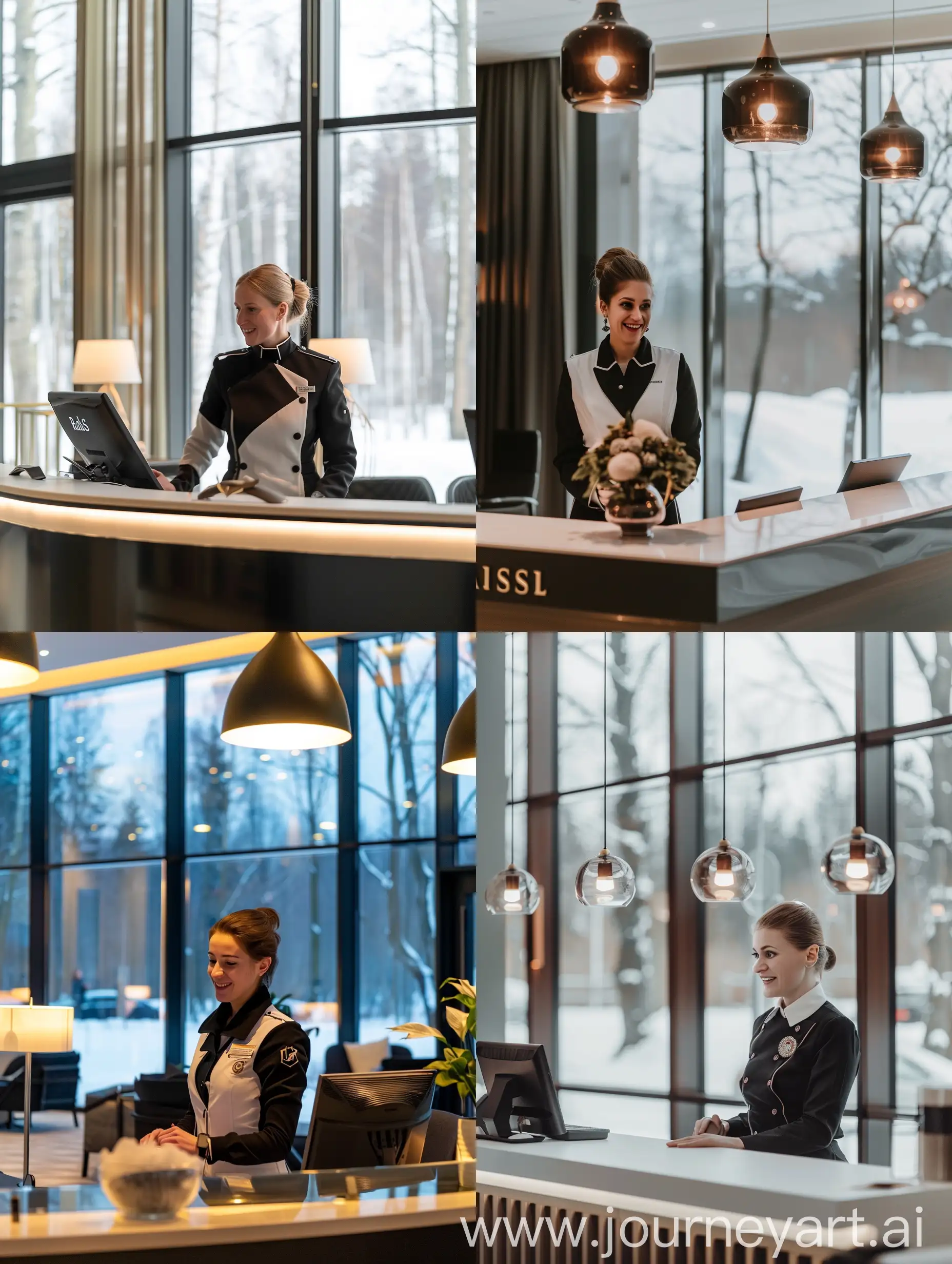 Radisson resort Hotel scandic style interior, reception desk, focus to the reception administrator, black and white uniform, she is welcoming the guest, smiling, big windows, winter outside
