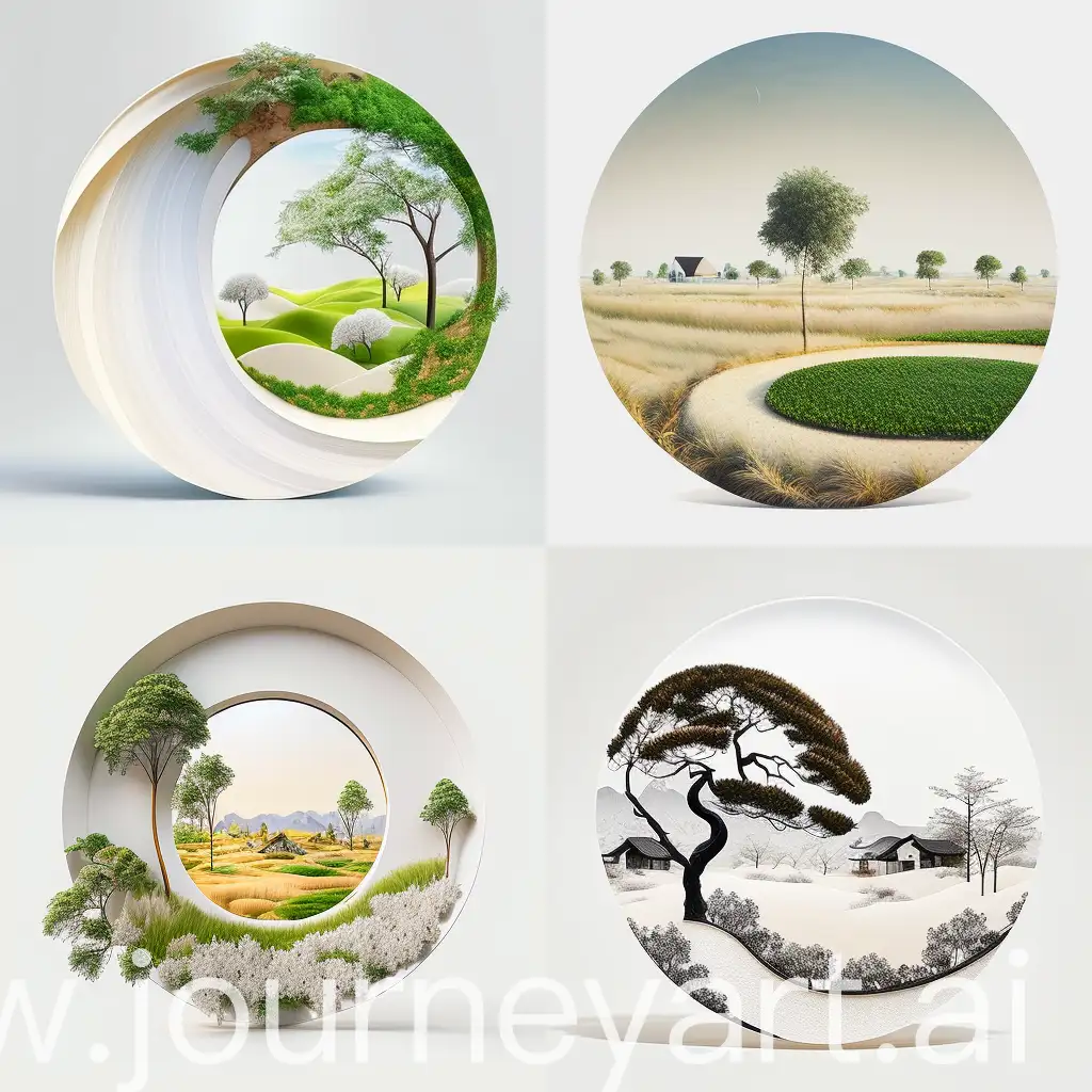 round natural landscape design on circular disc and white background, in style of traditional Japanese art, white background, beautiful, SSAO, Japanese style, UHD, HDR, AA, 8K --ar 1:1 --v 4 --q 2