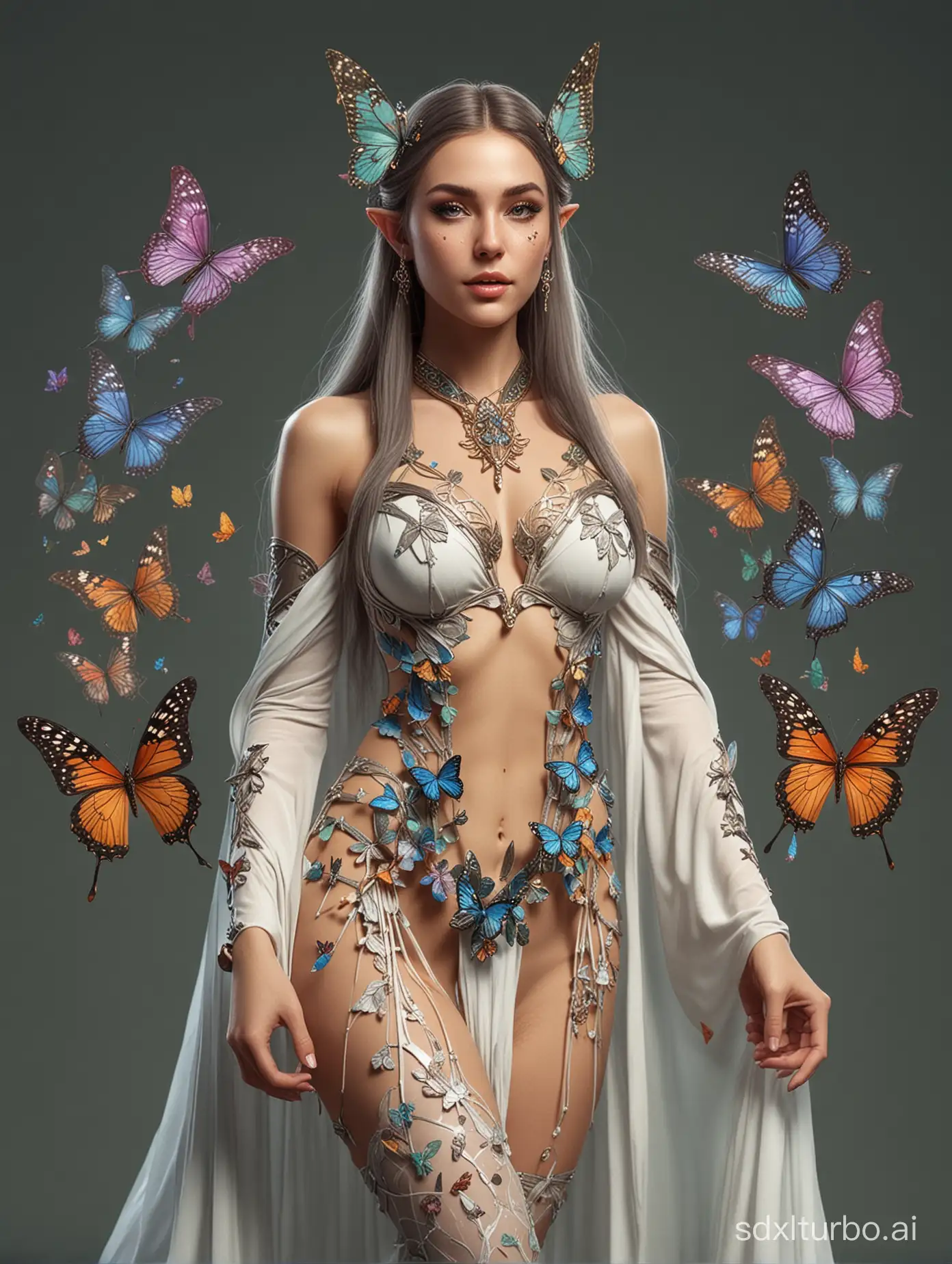 elven priestess in a revealing outfit decorated with butterflies, "flat background" "full body"