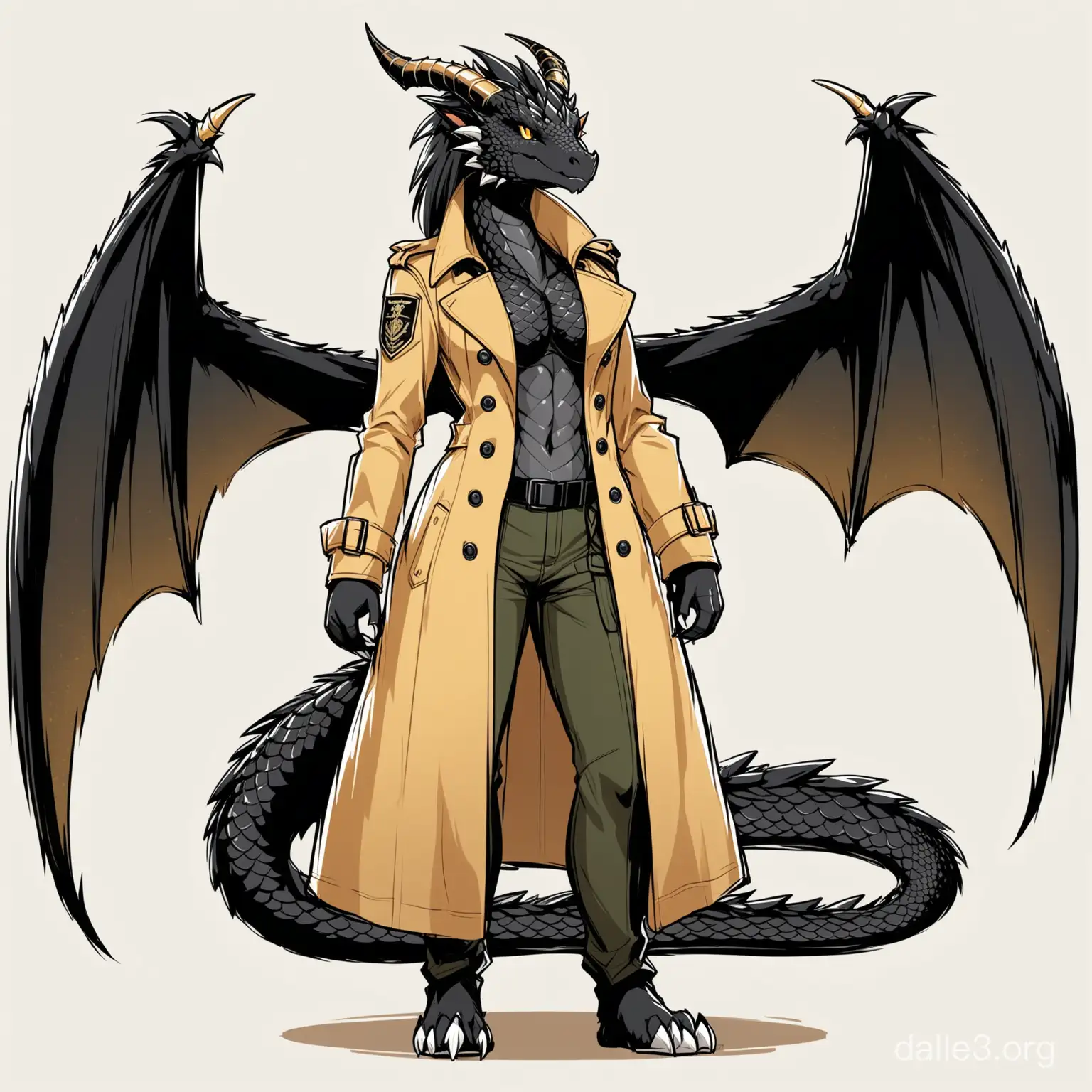 Fierce Black Dragon with Golden Stripes in Trench Coat and Military ...