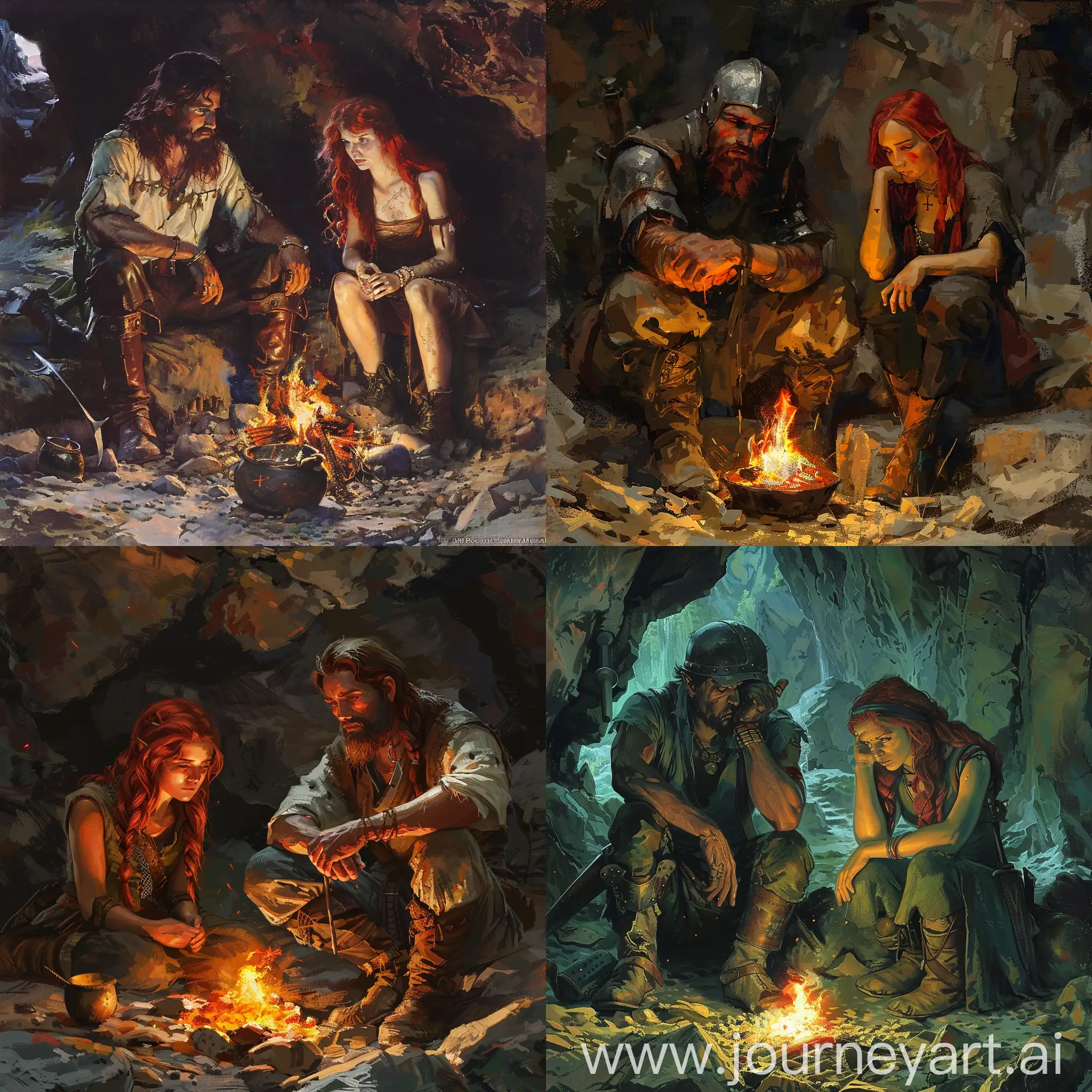 металлист и рыжая девушка седят у костра в пещере