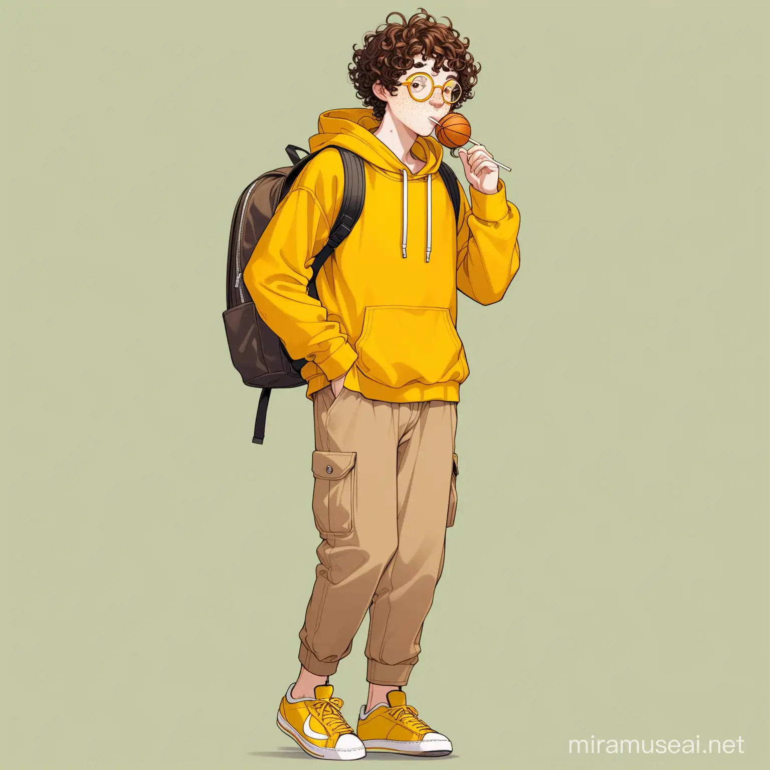 A teenage boy with curly brown hair, wearing a yellow hoodie, yellow round-rimmed glasses, white headphones around his neck and a lollipop in his mouth, wearing brown pants folded at the bottom, long yellow basketball shoes, carrying a backpack, and freckles around his nose.