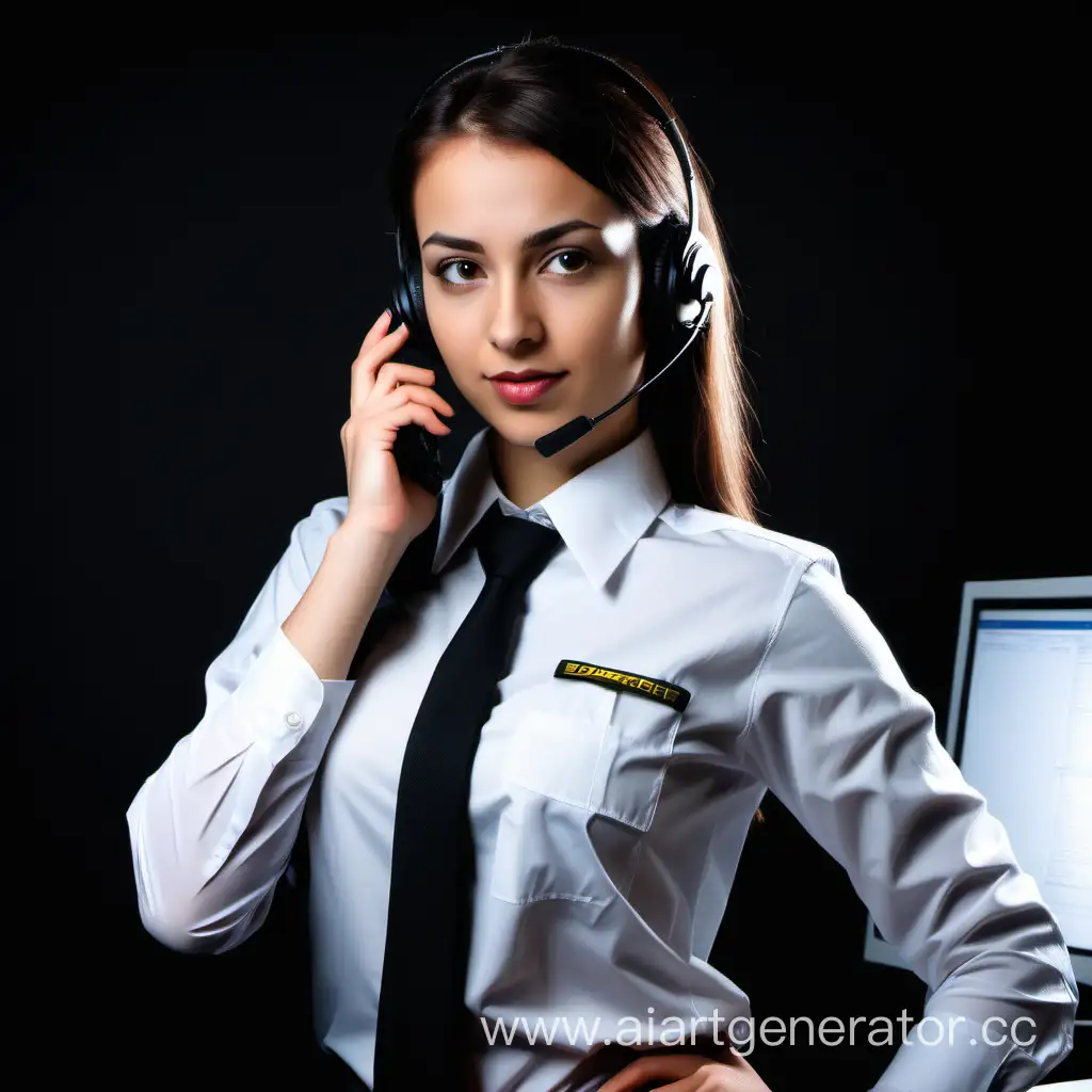 dispatcher girl wearing white shirt in office, on the black background