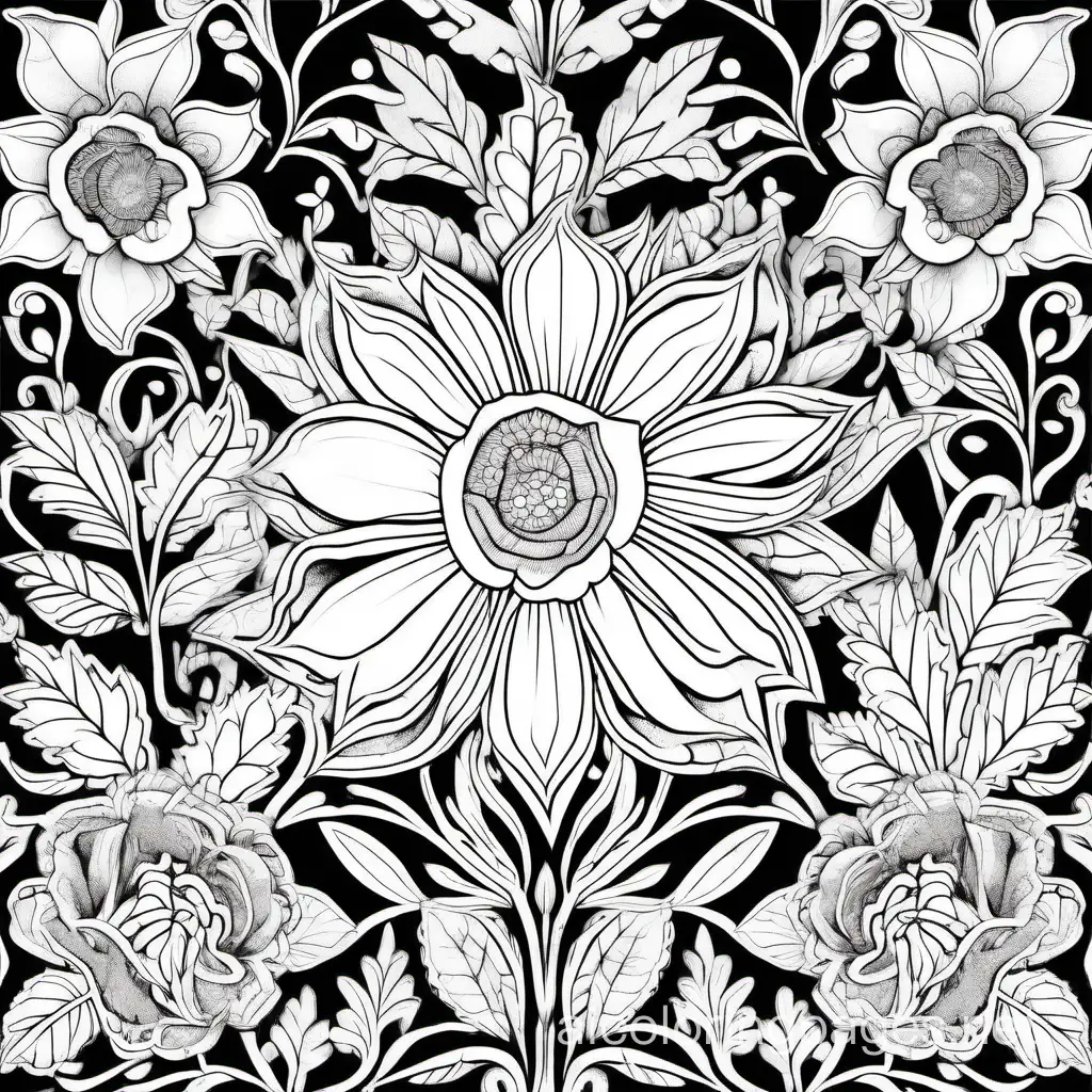 elegant, large vintage flowers, foliage, made of lace, beautiful colours, with copyspace
, Coloring Page, black and white, line art, white background, Simplicity, Ample White Space. The background of the coloring page is plain white to make it easy for young children to color within the lines. The outlines of all the subjects are easy to distinguish, making it simple for kids to color without too much difficulty