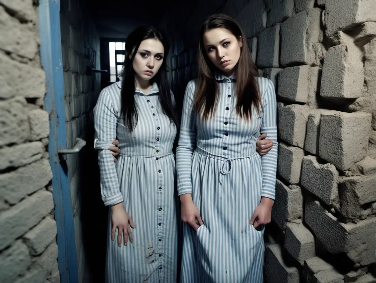 Two of busty prisoner woman (25 years old, same dress) stand (far from each other)in a prisoncell (Stone walls, small window) in dirty ragged blue-white vertical striped longsleeve midi-length buttoned gowndress(smallshortbonnet , sad and desperate), look into camera, hands cuffed behind