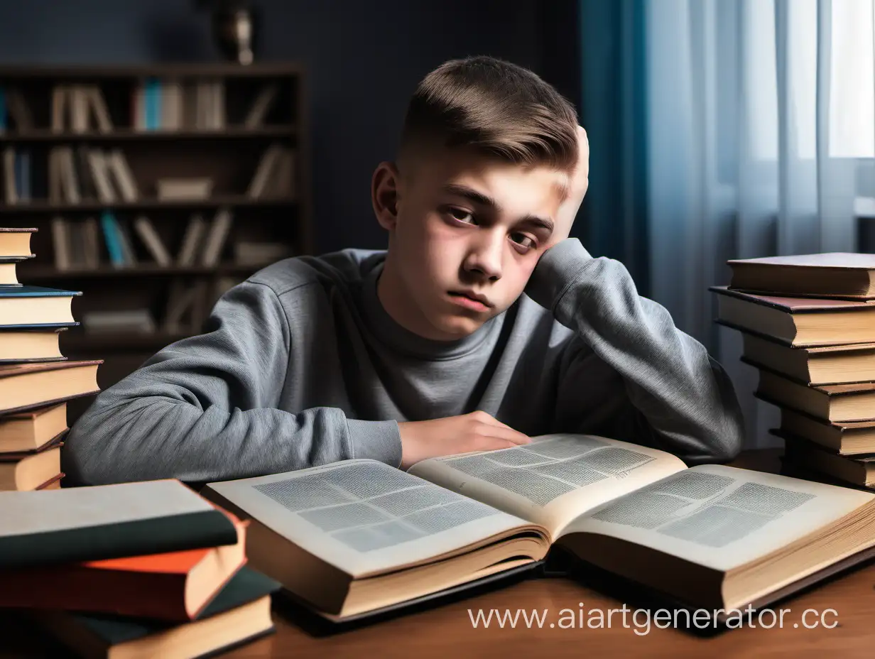 Подросток с опущенной головой сидит за столом, вокруг него много уроков, различных книг.