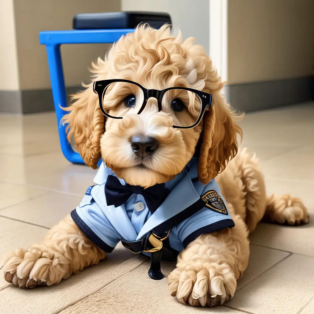 clumsy golden doodle puppy that helps solve crime and wears glasses
