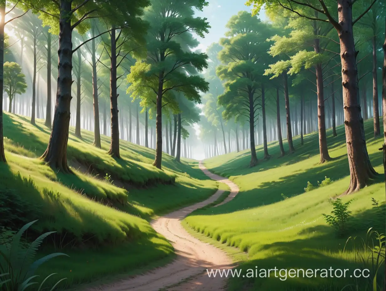 Forest scene with trees, grass, and a clear path, AR 16:9