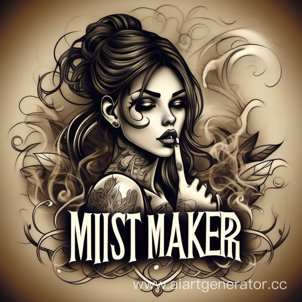 Дым Красивая девушка брюнетка с татуировками, и главная надпись по верх всего с текстом: "Mist Maker"