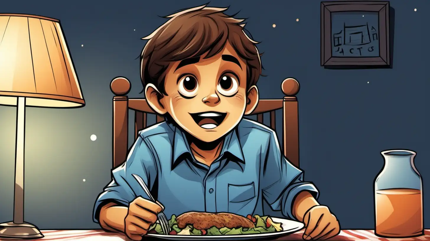 illustrate a  10 years old brown hair blue shirt boy excited  face, nighther, he is sitting at the dinner table,, at home, nighter