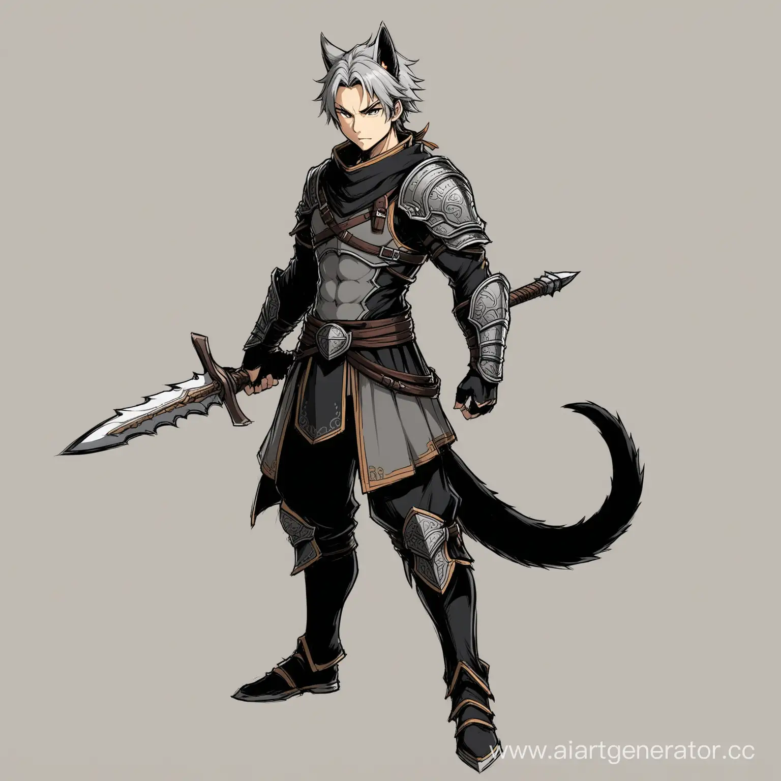 Concept art warrior, anime style, 1 boy, grey hair, ears, tail/