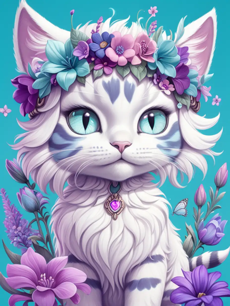 a fantasy cartoon cat in white and light teal color with blue eyes, surrounded by purple flowers and a flower crown on her head with purple and pink flowers and light purple background
