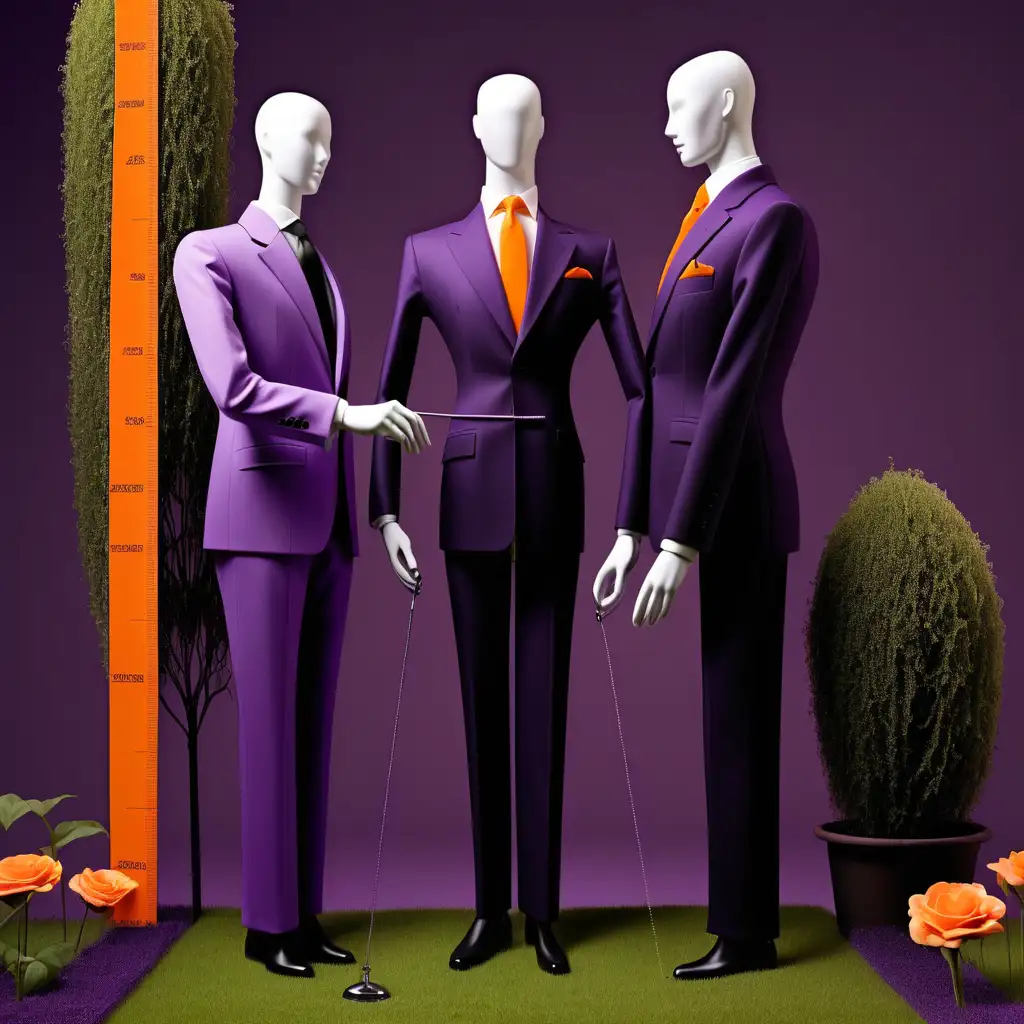 artistic graphic of 2 mannequins
A tailor using a tap measure to measure a suit for his customer 
In a garden 
purple orange and black background