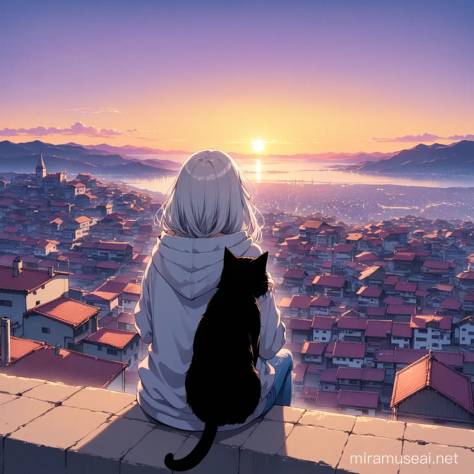 A girl (wearing a jean and a cute hoodie,light skinned,grey hair) sitting on a top of a building a fluffy black cat beside her, beautiful view of the below town,beautiful purple sunset, back view,panoramic view 