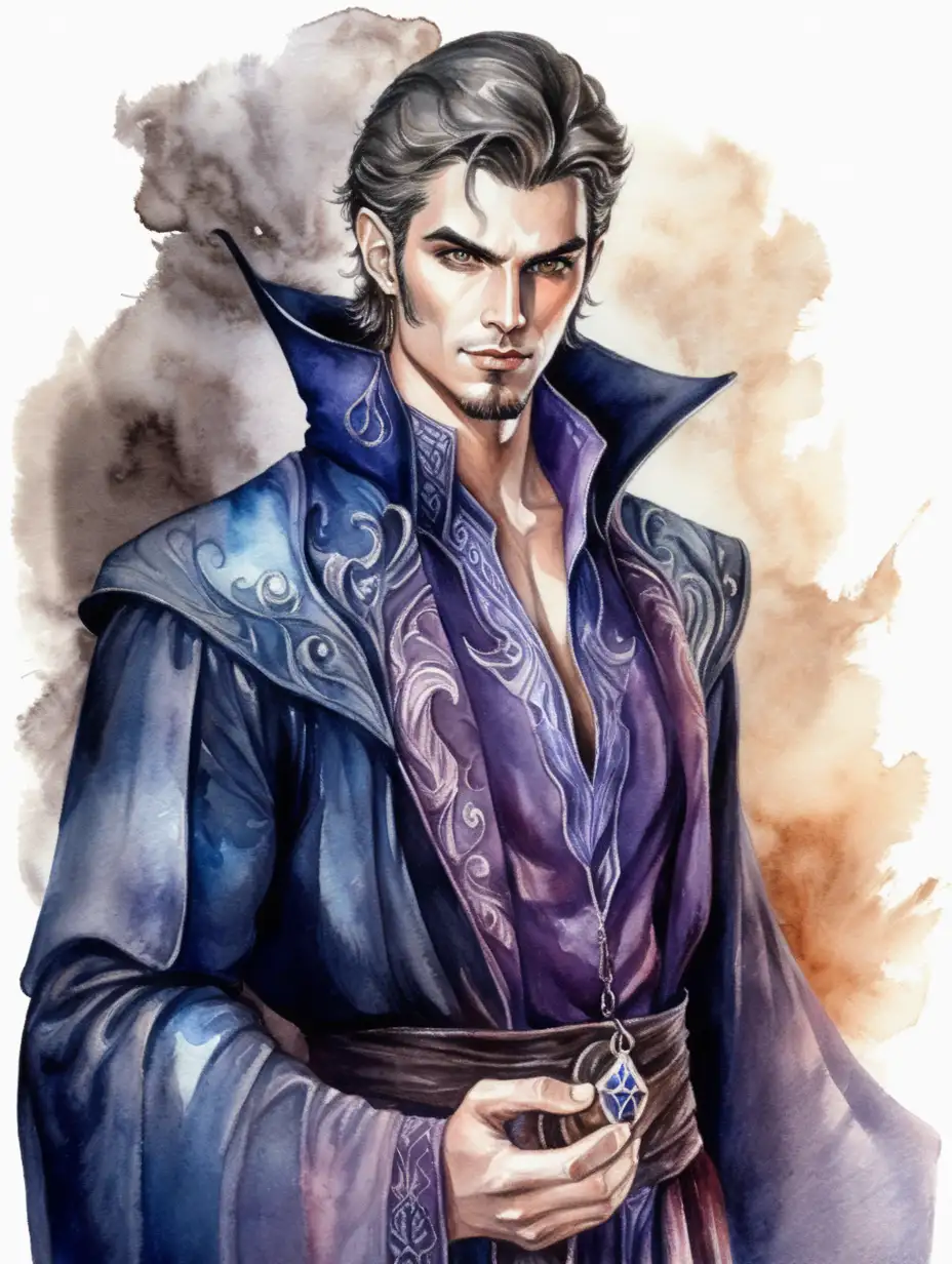 fantasy evil handsome male mage posing, dark watercolor drawing, no background