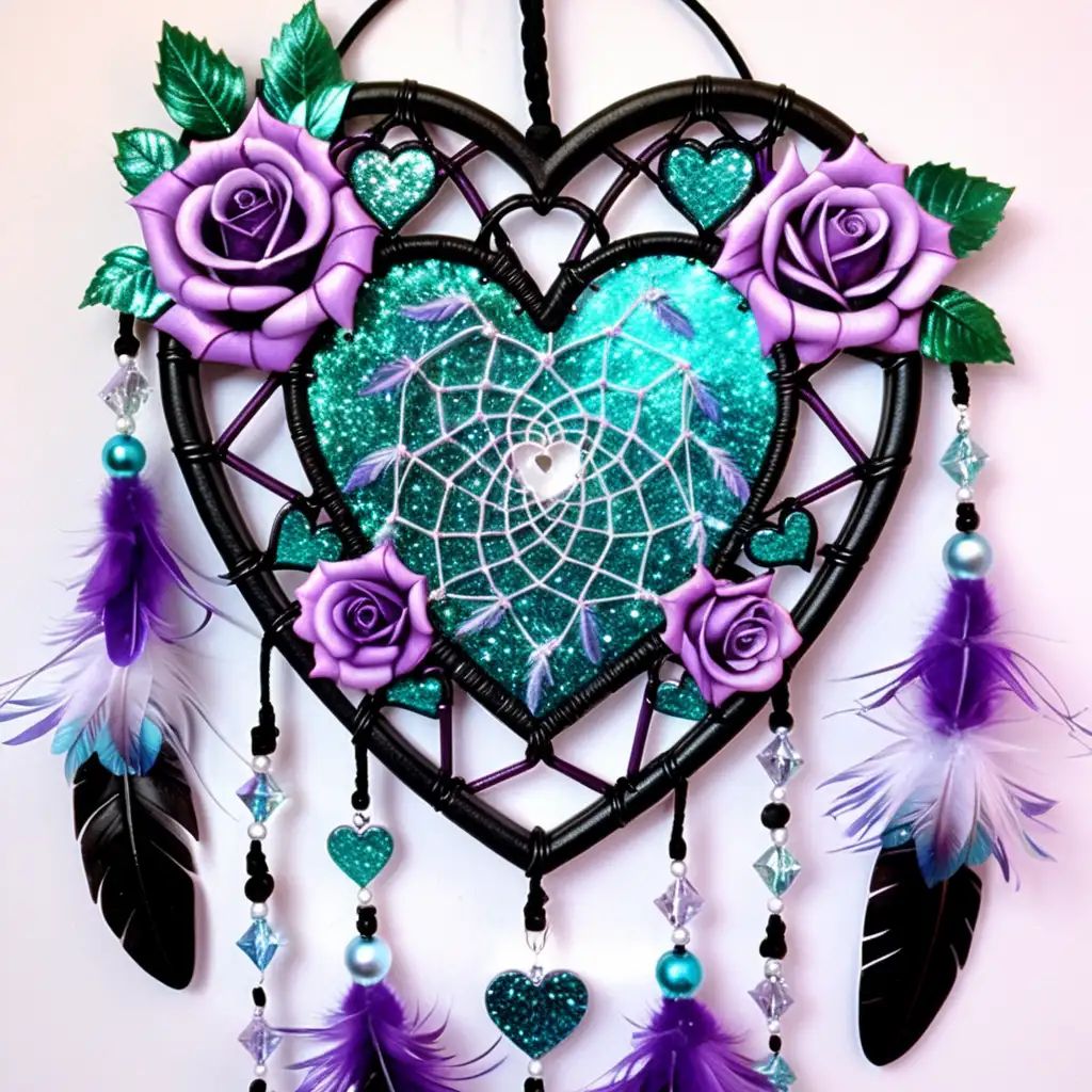 Sparkling Valentine Heart and Roses Dream Catcher in Glittering Purple and Teal
