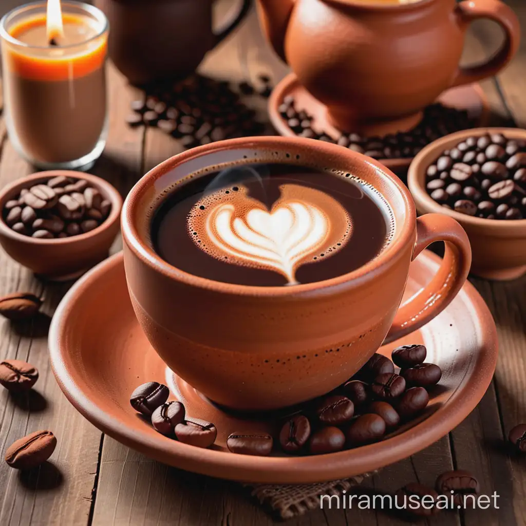Una taza de cafe caliente, en taza rustica ceramica terracota, con granos de cacao y cafe esparcidos en la mesa