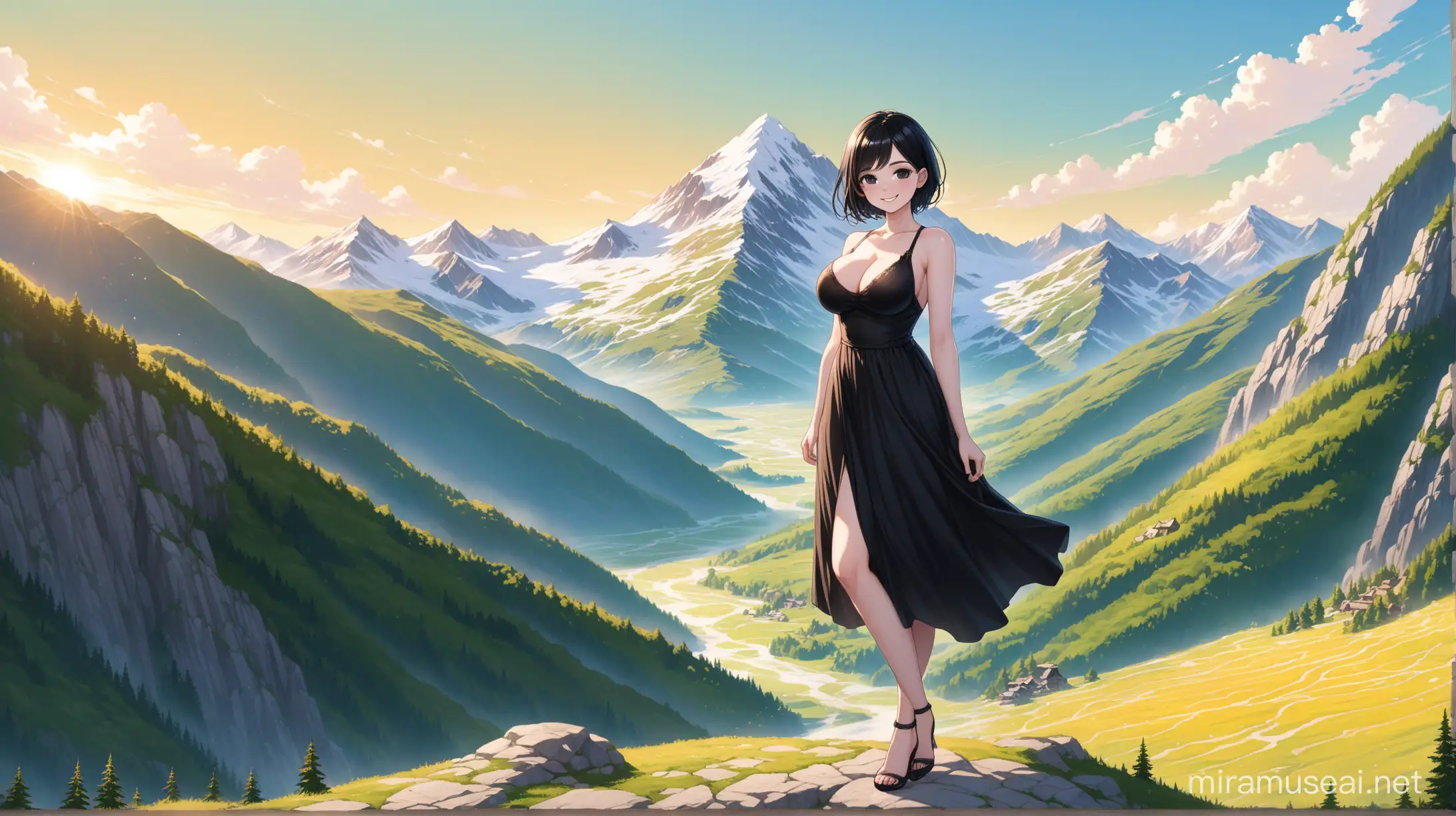 female, sexy, giant breasts, mountain, detailed landscape, full body, pale skin, black hair, short hair, black eyes, dwarf, short, mine, dress black dress, sexy dress, timid, light smile, thin smile, smiling, looking at viewer, low perspective, day, front view, shiny hair, detailed, mountain landscape