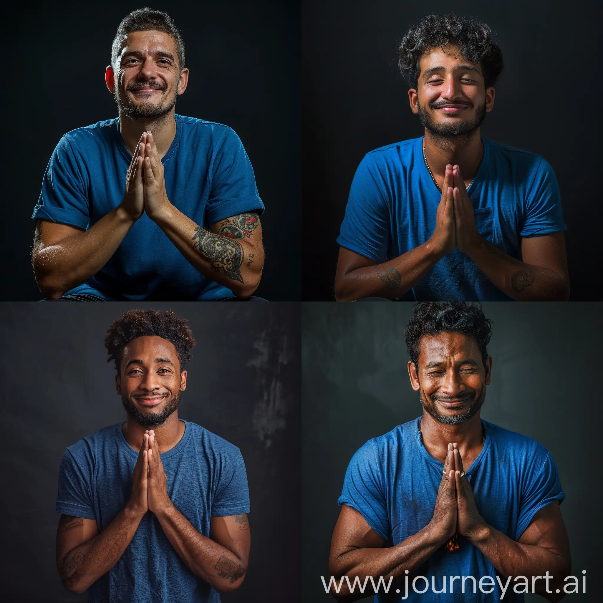 Medium Shot of a Men Praying Looking to Camera with Smile, Blue T-shirt, Dark Background, Adobe Photoshop Software, High Quality 