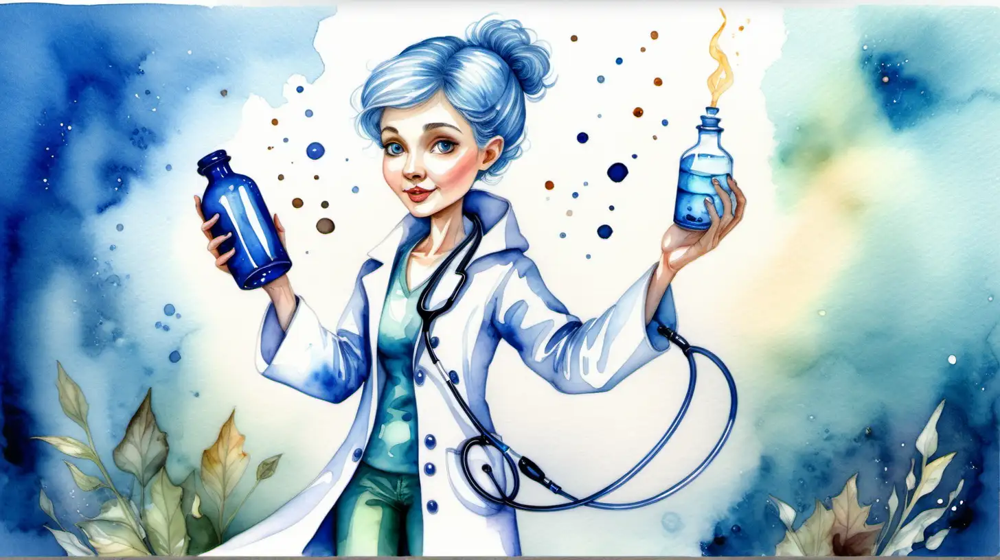 A  watercolour fairytale style. Pixie Dr  Nymphodora  wearing  a white coat and stethoscope  is casting a magical spell into a small blue bottle 