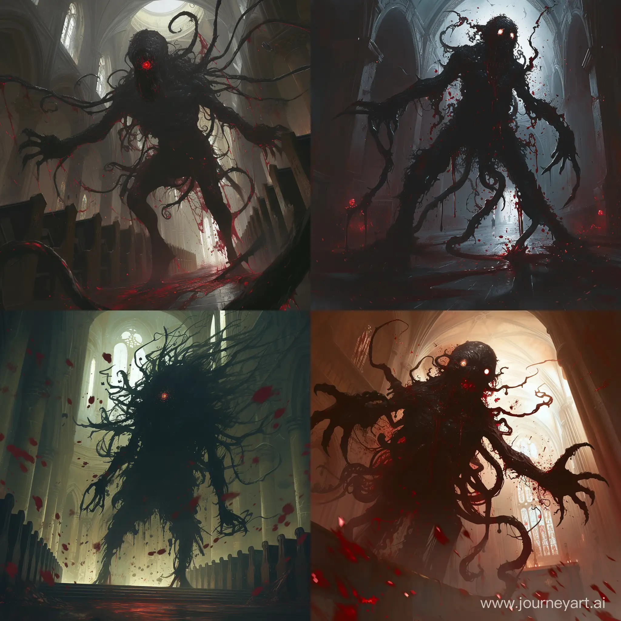 Emerging from the darkest corners of the netherworld, the Blasphemous Shadewalker is a twisted nightmare given form. Its form, a spectral silhouette of malevolent intent, seems to flicker and fade with each passing moment. Eyes, orbs of shadowy malice, gleam with an unholy hunger for the souls of the living. With each step, tendrils of darkness writhe and thrash, tearing through the fabric of reality itself and plunging the world into chaos. Those who dare to face it are consumed by an overwhelming sense of dread, their minds twisted and broken by the horrors lurking within its shadowy form., fighting the grand priest in a church, blood everywhere,1970's grim dark fantasy style, detailed, dark lighting, gritty, dark fantasy