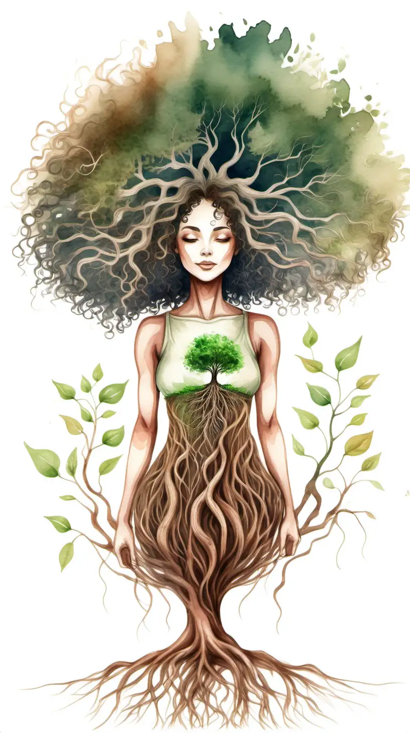 Curly Hair Women as Tree Earthy Watercolor Portrait