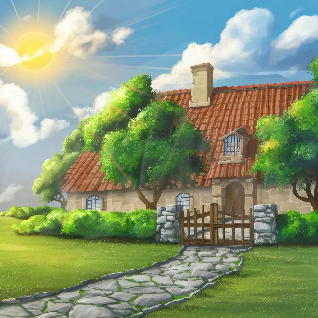 Manor, grassland, roof, sun, clouds