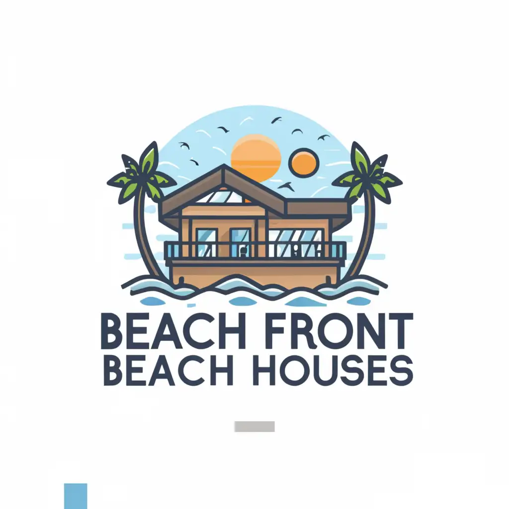 a logo design,with the text "Beach Front Beach Houses", main symbol:Holiday House and the beach,complex,be used in Real Estate industry,clear background