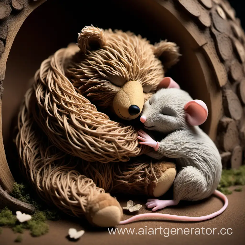 Медведь спит в обнимку с маленькой коричневой мышкой