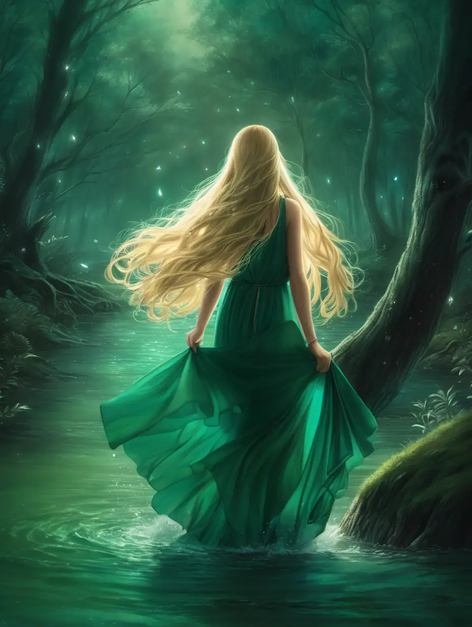 a girl coming out of the water in a elegant green dress with long blond hair and a magical dark forest background