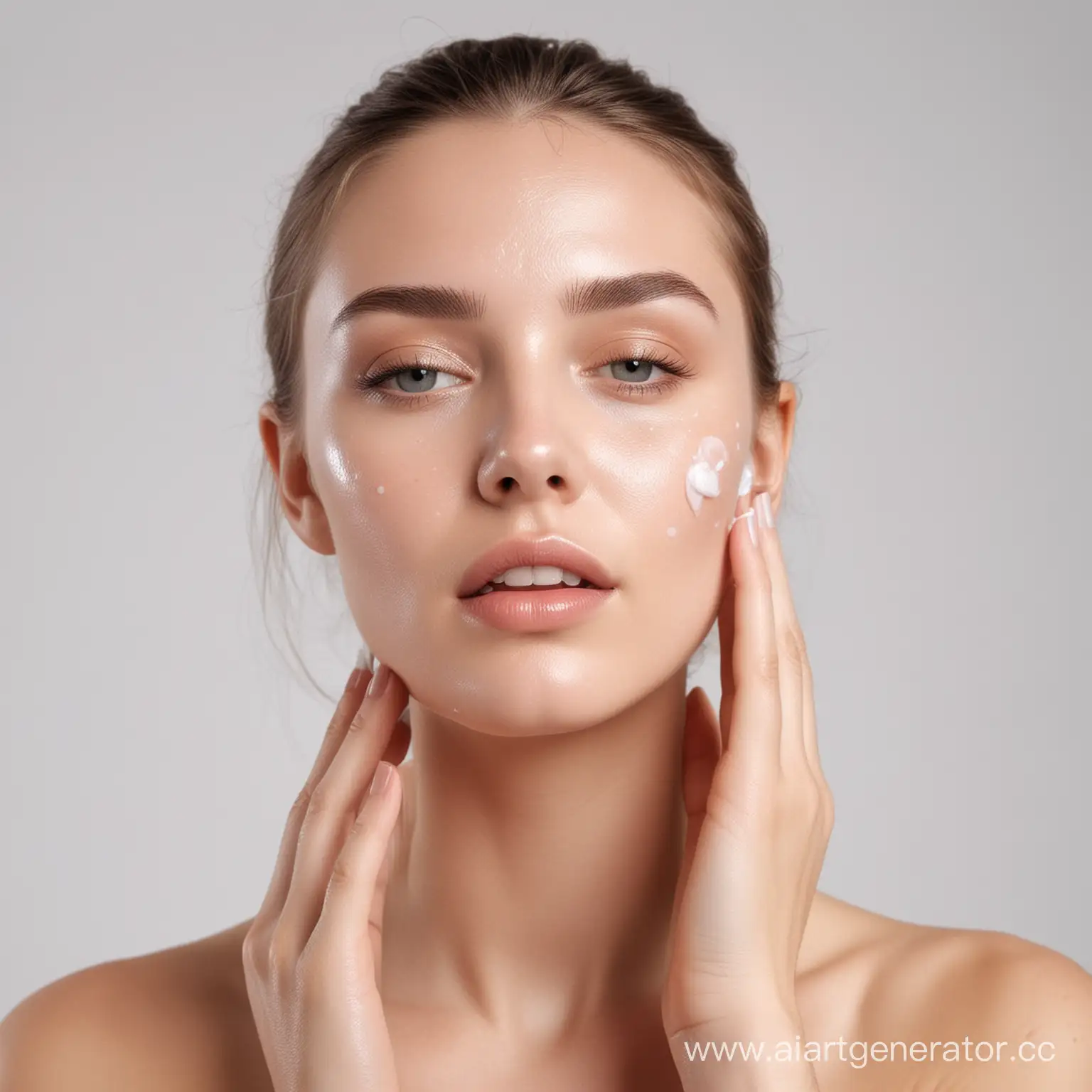 Young-Woman-Applying-White-Serum-for-Facial-Care-on-White-Background