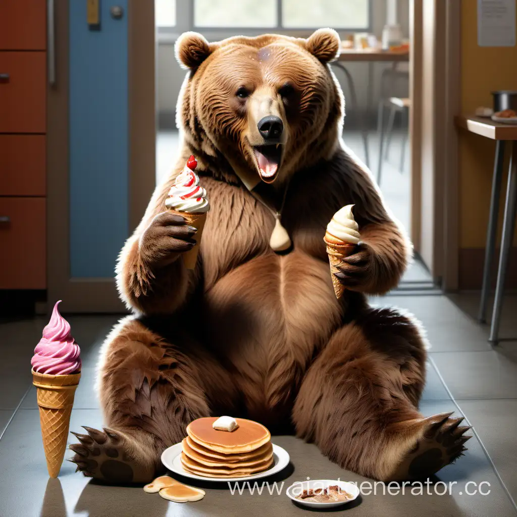 Бурый медведь сидит, выпрашивает еду, в одной лапе у него рожок мороженного на полу стоит стопка блинов