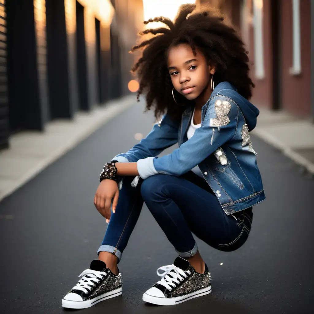 Stylish African American Teenager in RhinestoneEmbellished Jeans and Sneakers