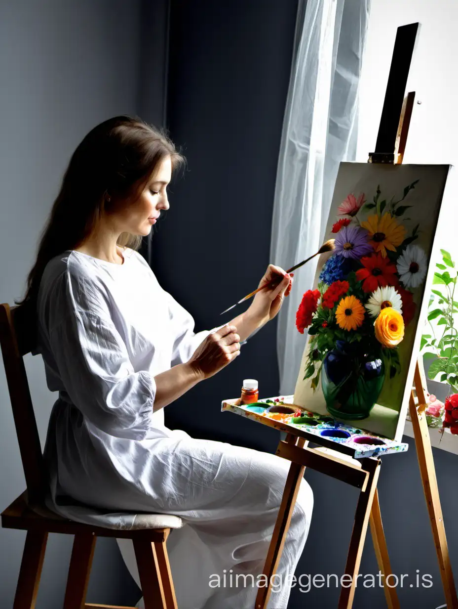 Woman-Painting-Flowers-at-Easel-Creative-Artistic-Scene