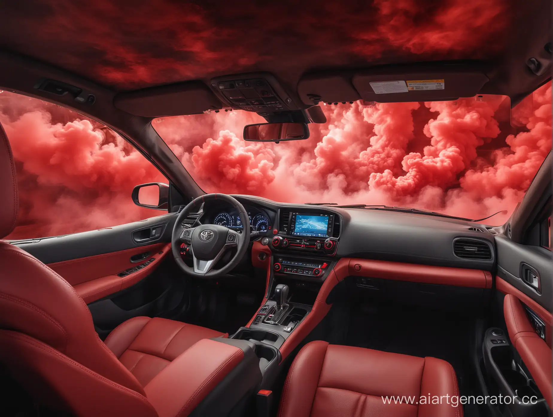 Vibrant-Toyota-Car-Salon-with-Detailed-Multimedia-System-Amidst-Colored-Smoke