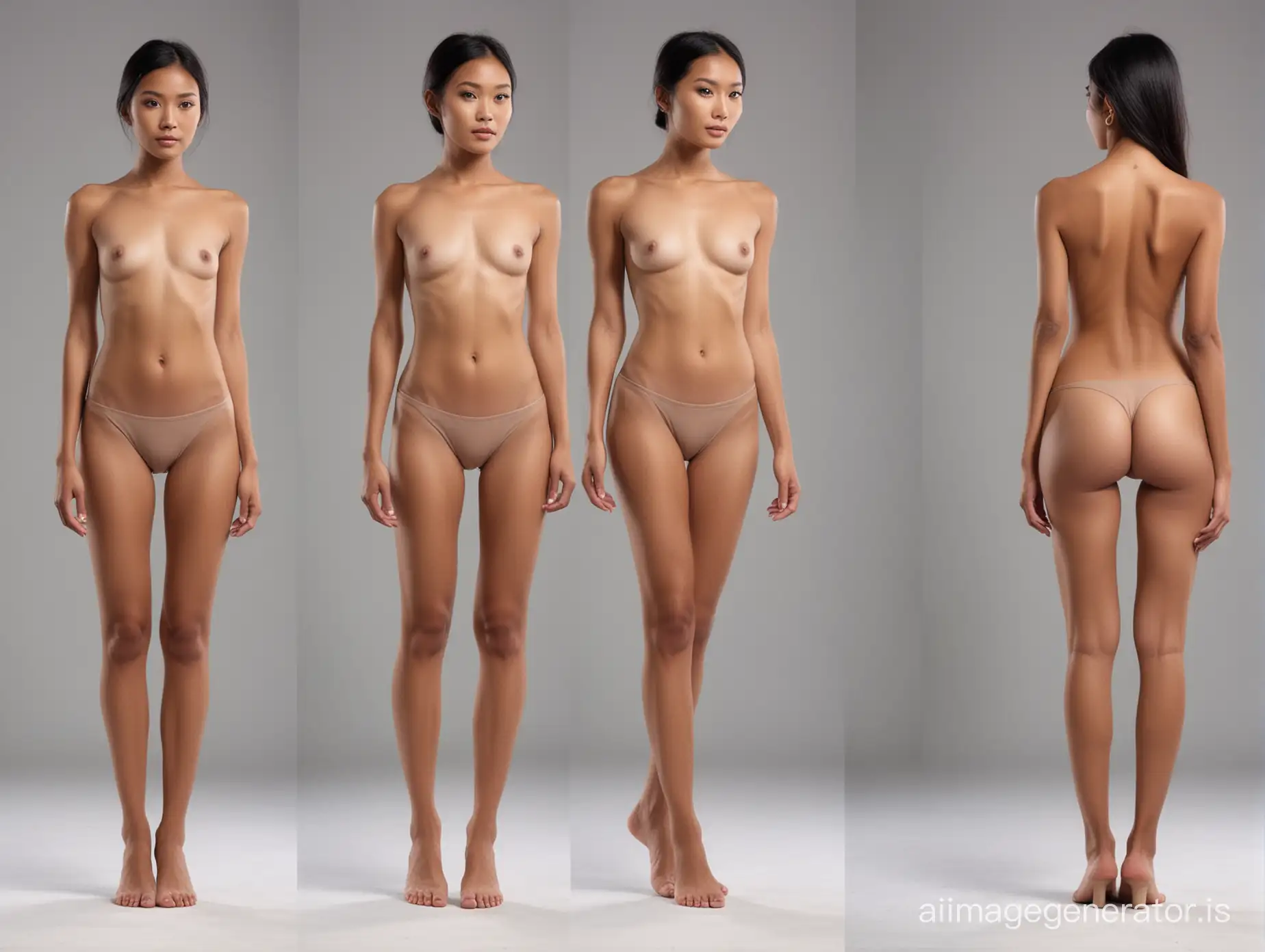 front and back views of a skinny flat-chested nude Indonesian fashion model standing with legs far apart.