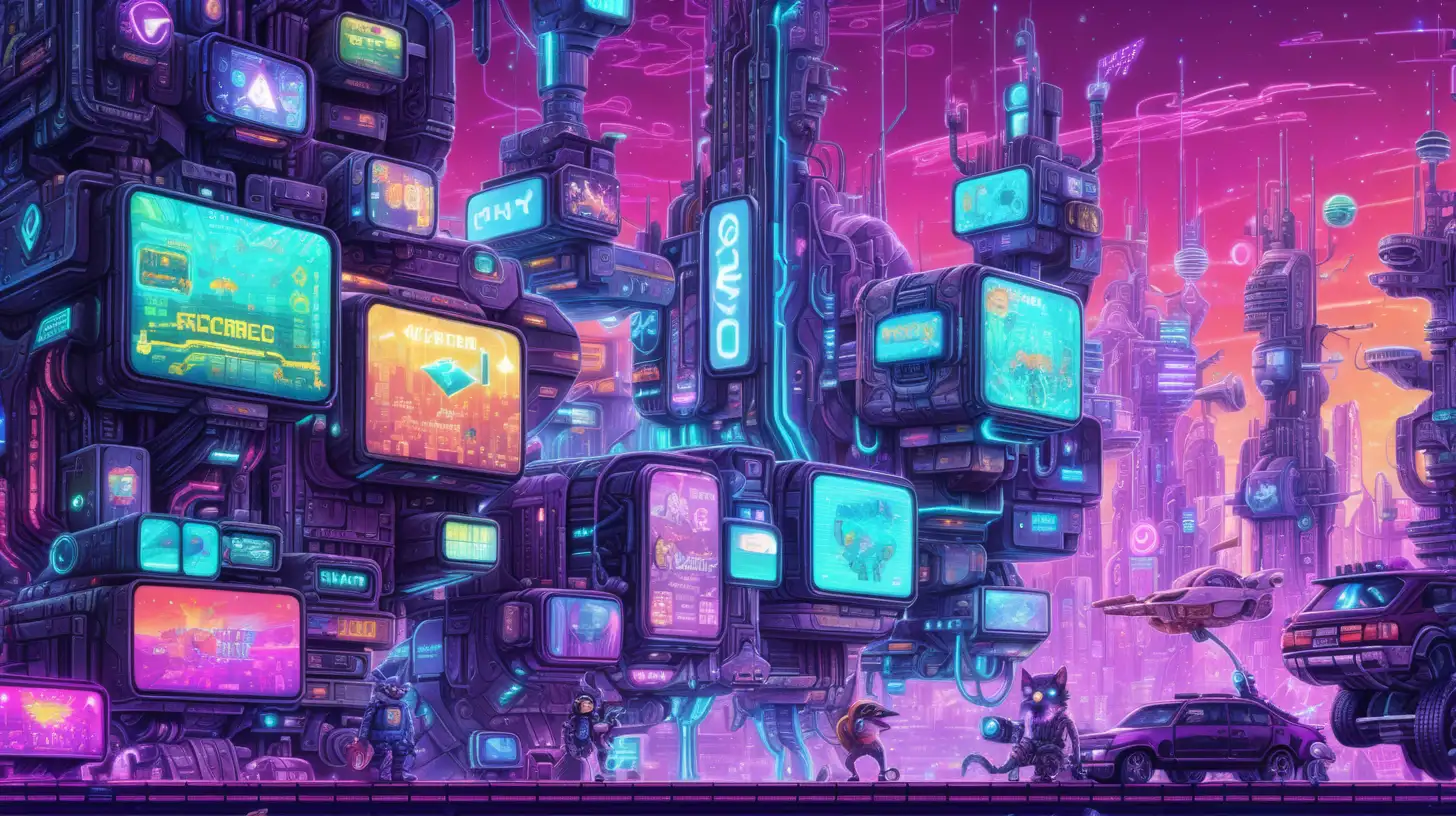 in cartoon style, an image of a colorful cyberpunk world made of pixels and code, a beautiful, digital wonderland , with lots of unusual digital creatures