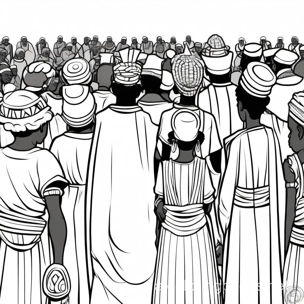backside crowd of ancient royal african american people
, Coloring Page, black and white, line art, white background, Simplicity, Ample White Space. The background of the coloring page is plain white to make it easy for young children to color within the lines. The outlines of all the subjects are easy to distinguish, making it simple for kids to color without too much difficulty