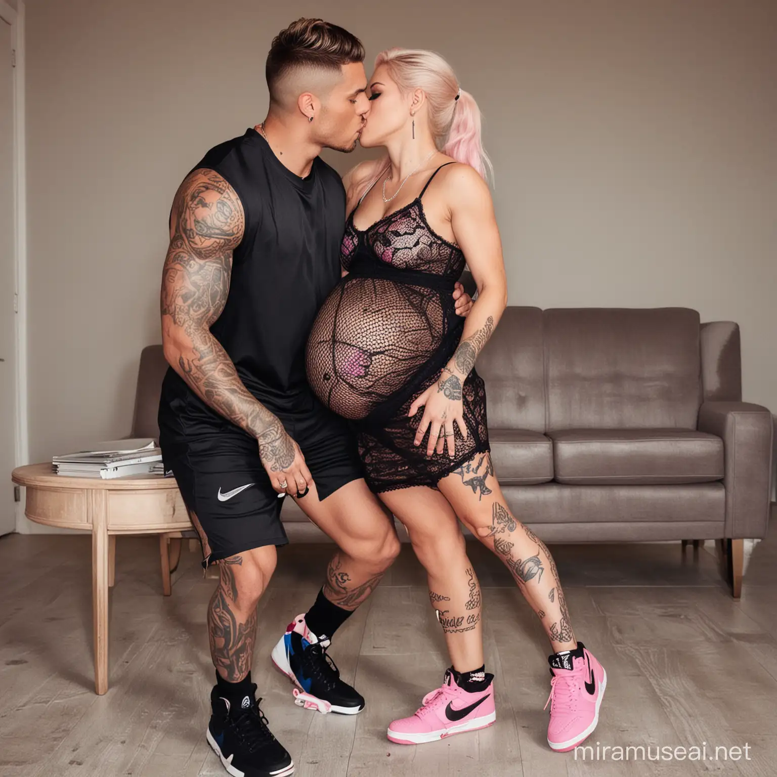 Romantic Pregnancy Photoshoot Blonde and PinkHaired Expectant Mother Kisses Muscular Footballer Husband
