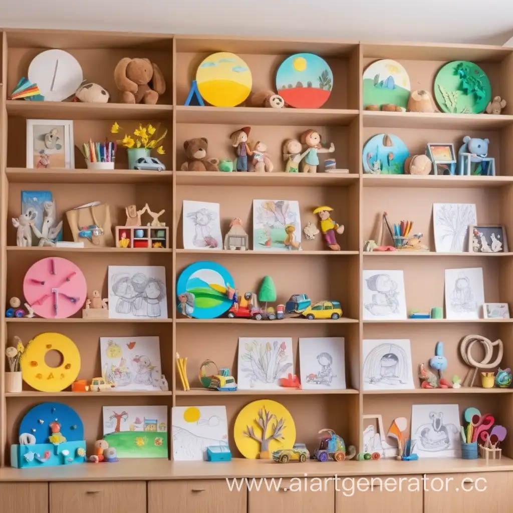 Creative-Childrens-Crafts-Displayed-on-Shelves-with-Colorful-Drawings