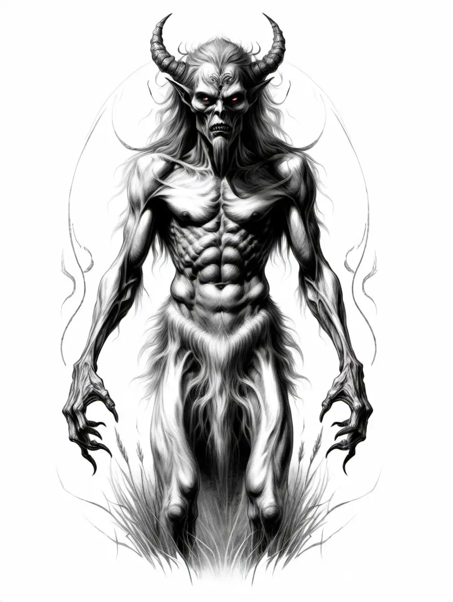 Spirit-master of the field in the mythology of Eastern Slavs. Humanoid creature with demonic features, black and white sketch, white background, photo up to the knees