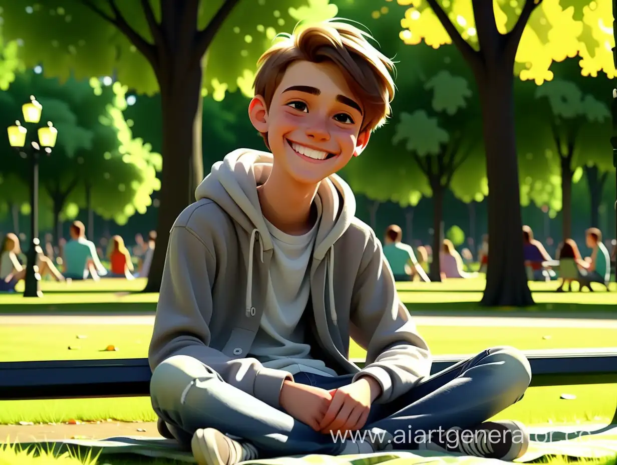 реальная мечта, улыбчивый подросток сидит в парке, в полный рост,  реалистичная анимация