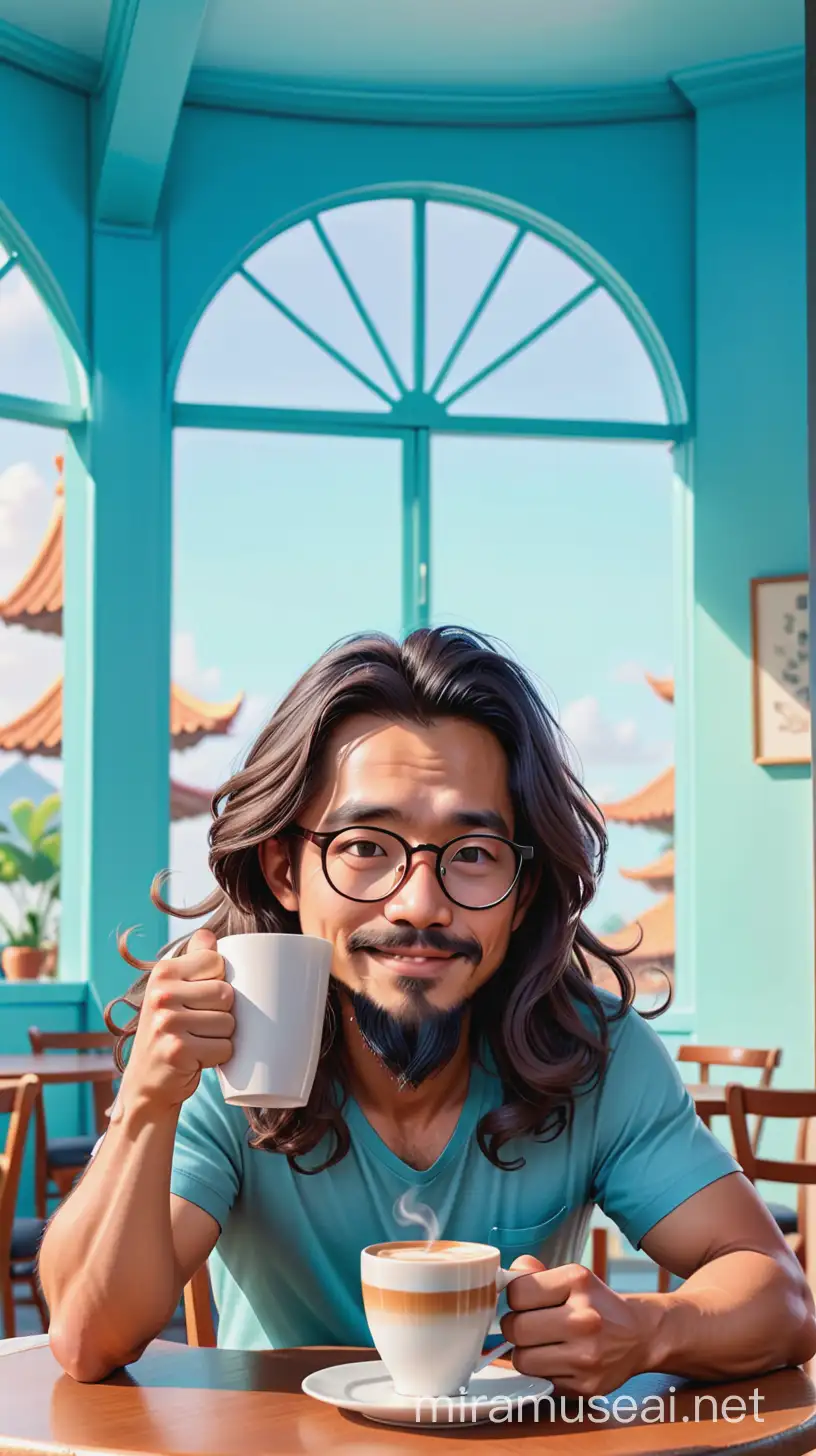 Indonesian man sitting at a round table, long flowing hair, wearing glasses, clean face, a little beard on his chin, holding a cup of hot coffee, semi-caricature, Disney style, full body, light blue backround