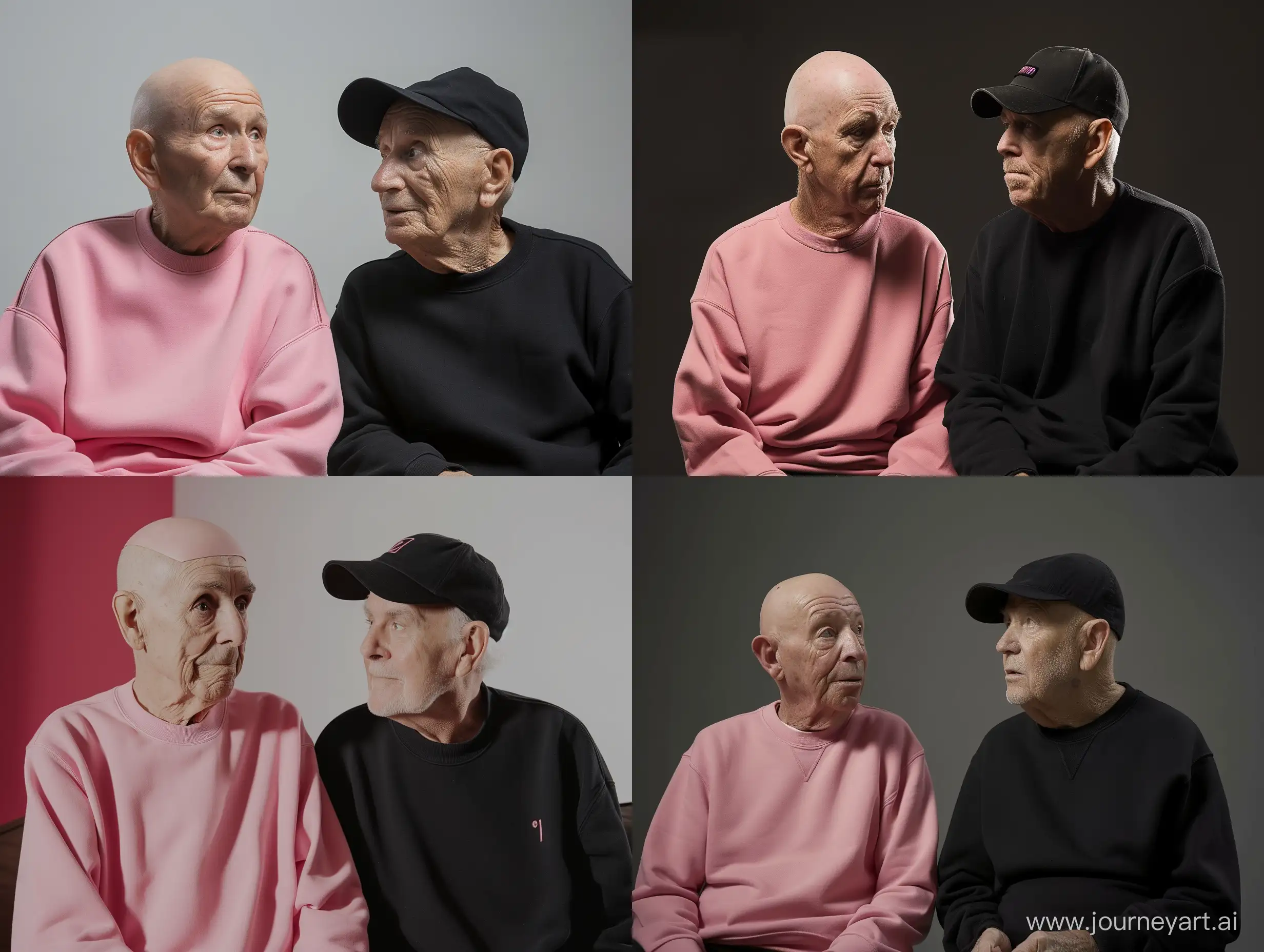 one old bald man wearing a pink sweatshirt with a blank head without any hat on it and another old bald man wearing a black sweatshirt has a baseball cap on his head sitting and discussing retro games, hi-tech background