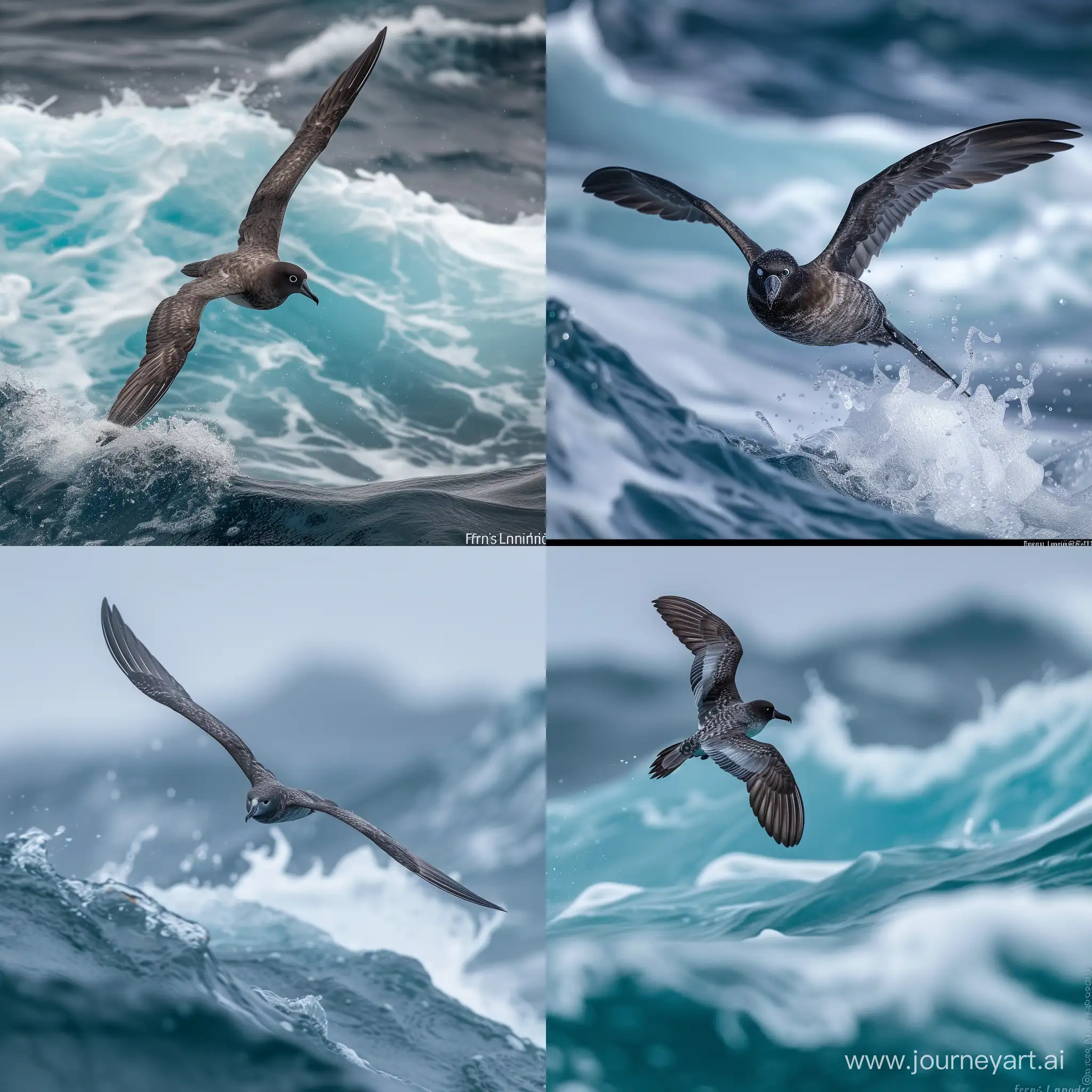 award winning wildlife photo of a 6 inch long petrel bird with a 15 foot wingspan, gliding over choppy ocean waves, canon camera, supertelephoto lens, dramatic, crisp, Frans Lanting, nature documentary, entire bird in frame